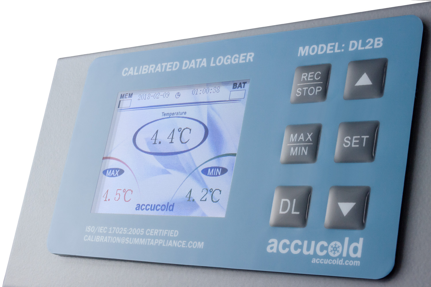 NIST calibrated USB digital data logger with LCD display of the current and high/low temperature and audible/visual temperature alarm